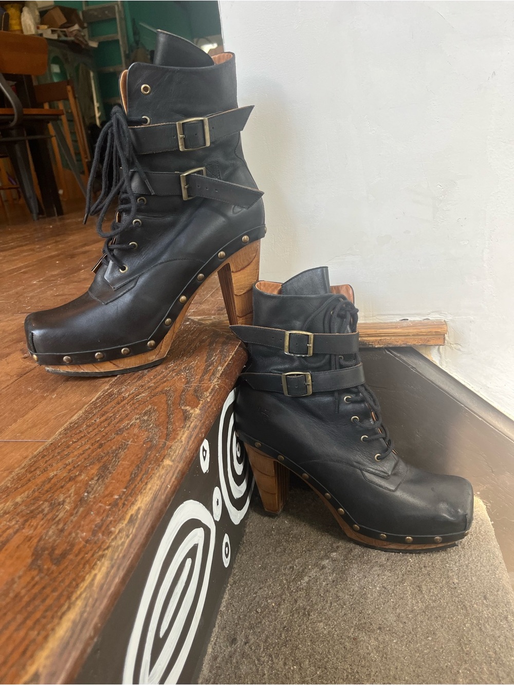 John Fluevog Vintage Black Leather Wood Platform Heeled Boots
